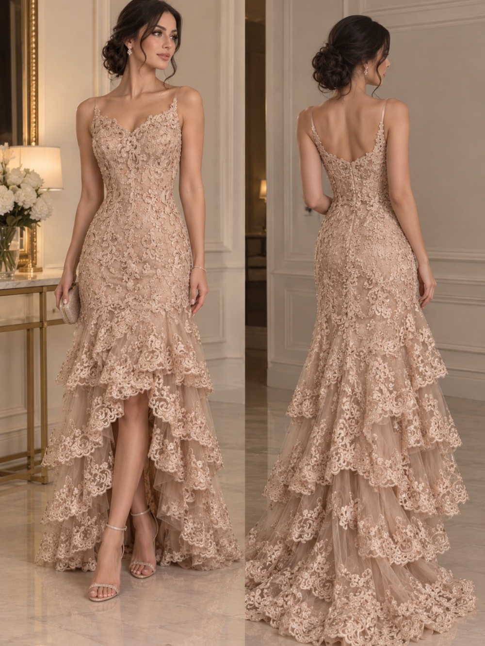 Elegant Lace Tiered High-Low Evening Dress - Nude